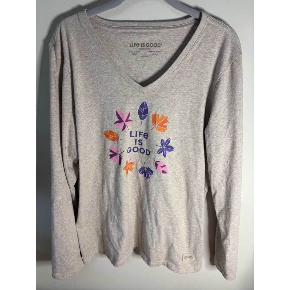 Life is Good Womens Crusher Tee Long Sleeve V-Neck Fall Leaves Oatmeal Beige L